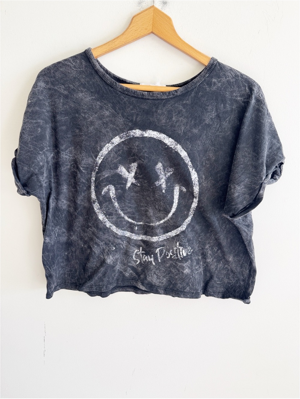Boutique gray black acid wash happy face stay positive graphic tee cotton size S